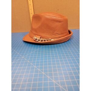 Bruno Capelo Leather Fedora Hat Mens L/XL Tan Chain Accent Modern Headwear
